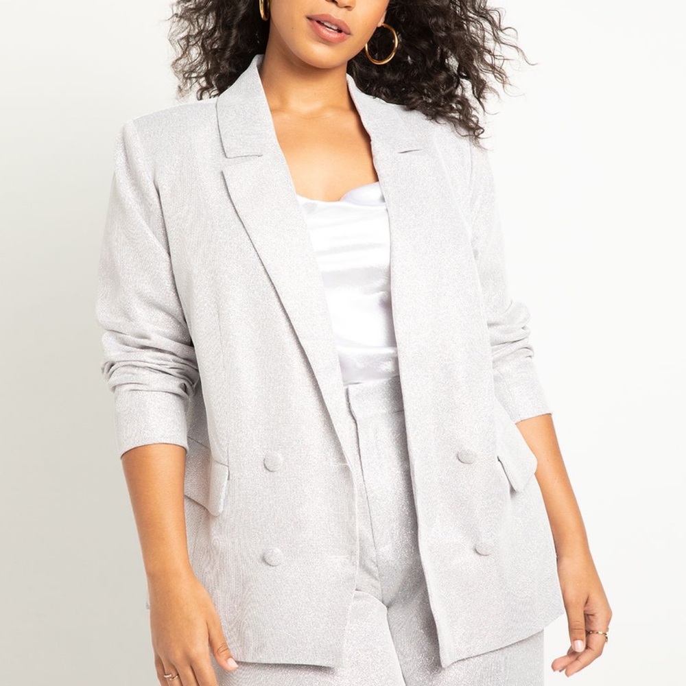 Eloquii Double Breasted Sparkly Blazer Silver Glitter